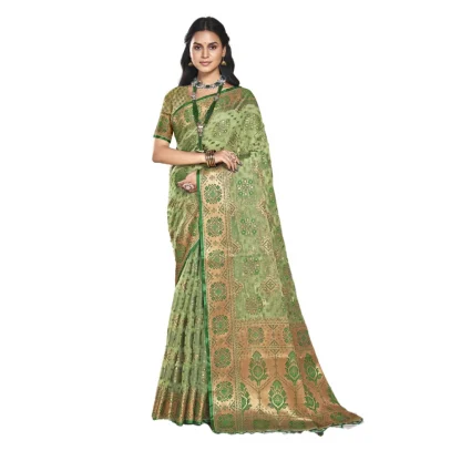 Women's Organza Woven Design Saree With Unstitched Blouse 5.5Mtr (Green)