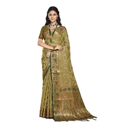 Women's Organza Woven Design Saree With Unstitched Blouse 5.5Mtr (Olive-green)