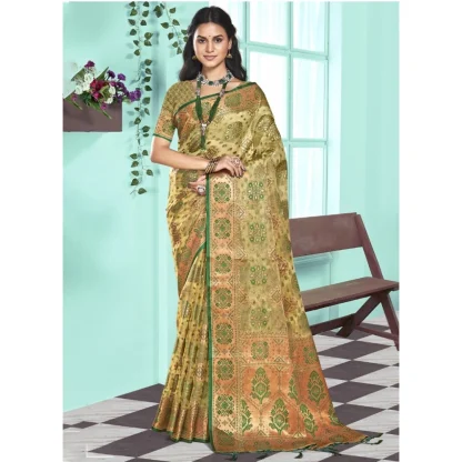 Women's Organza Woven Design Saree With Unstitched Blouse 5.5Mtr (Green) - Image 2