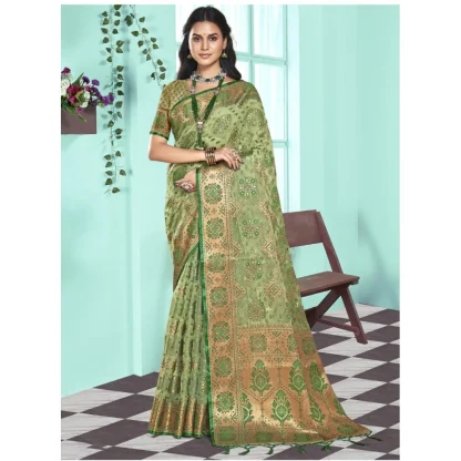 Women's Organza Woven Design Saree With Unstitched Blouse 5.5Mtr (Green) - Image 2