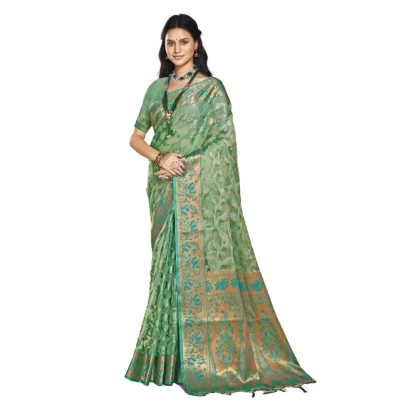 Women's Organza Woven Design Saree With Unstitched Blouse 5.5Mtr (Green)