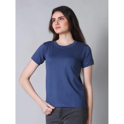 Women's Cotton Blended Solid Round Neck Half Sleeve T-Shirt (Blue) - Image 3