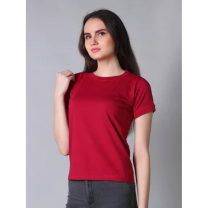 Women's Cotton Blended Solid Round Neck Half Sleeve T-Shirt (Maroon) - Image 3