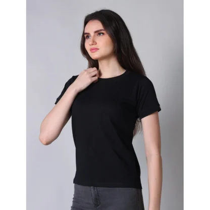 Women's Cotton Blended Solid Round Neck Half Sleeve T-Shirt (Black) - Image 3