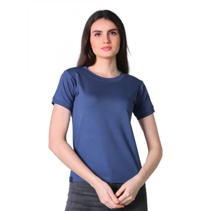 Women's Cotton Blended Solid Round Neck Half Sleeve T-Shirt (Blue)