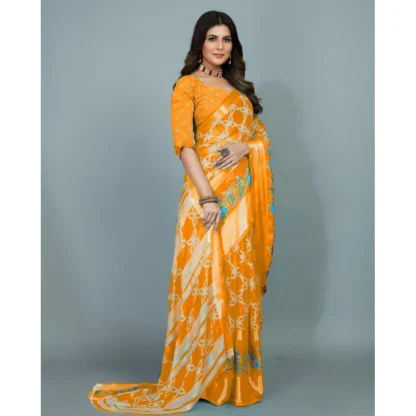 Women's Moss Chiffon Printed Saree With Unstitched Blouse (Orange, 5-5 Mtrs) - Image 3