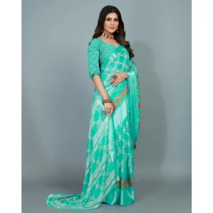 Women's Moss Chiffon Printed Saree With Unstitched Blouse (Teal, 5-5 Mtrs) - Image 3