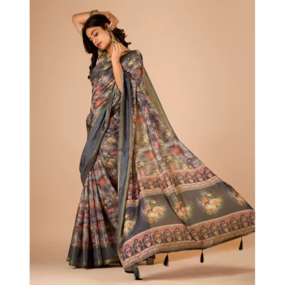 Women's Digital Printed Saree With Unstitched Blouse (Grey, 5-5 Mtrs) - Image 4