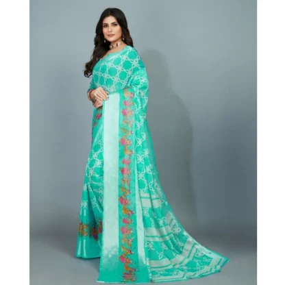 Women's Moss Chiffon Printed Saree With Unstitched Blouse (Teal, 5-5 Mtrs) - Image 4