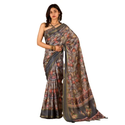 Women's Digital Printed Saree With Unstitched Blouse (Grey, 5-5 Mtrs)