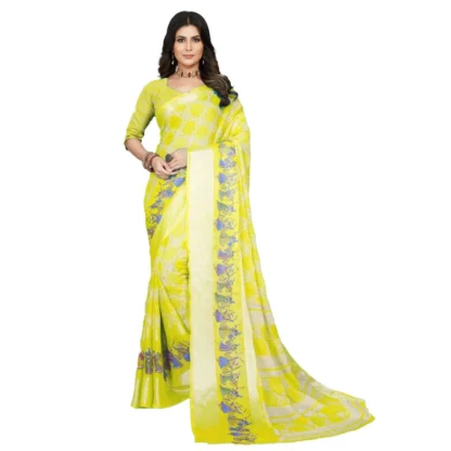 Women's Moss Chiffon Printed Saree With Unstitched Blouse (Yellow, 5-5 Mtrs)