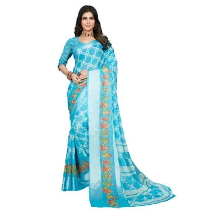 Women's Moss Chiffon Printed Saree With Unstitched Blouse (Sky Blue, 5-5 Mtrs)