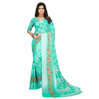 Women's Moss Chiffon Printed Saree With Unstitched Blouse (Teal, 5-5 Mtrs)