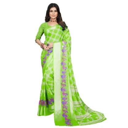 Women's Moss Chiffon Printed Saree With Unstitched Blouse (Green, 5-5 Mtrs)